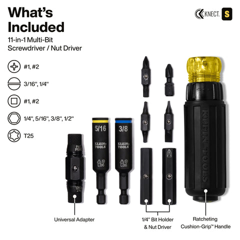 Klein Tools 32500HDRT KNECT Ratcheting Screwdriver, Multi-Bit Screwdriver/Nut Driver, Impact Rated 11-in-1 Tool with Phillips, Slotted, Square and Torx Tips