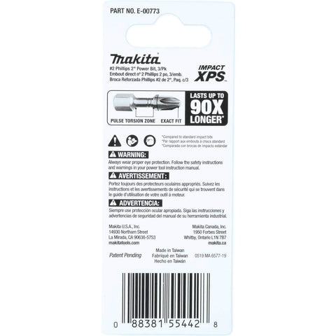 Makita E-00773 Impact XPS™ #2 Phillips 2" Power Bit, 3/pk