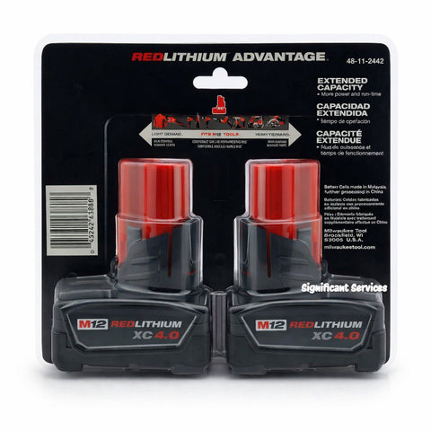 Milwaukee 48-11-2442 M12 12V Lithium-Ion XC Extended Capacity 4.0Ah Battery 2-Pack