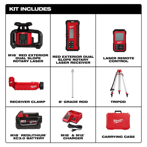 Milwaukee M18 4000 ft. Red Exterior Dual Slope Rotary Laser Level Kit with Receiver, Remote, Grade Rod and Tripod