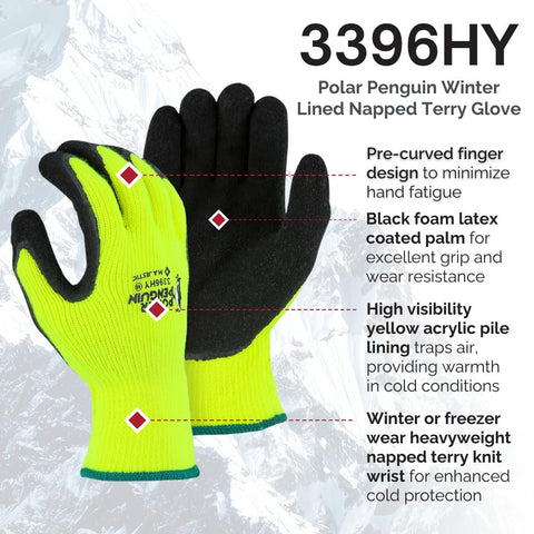 Majestic 3396HY Polar Penguin Winter Hi Vis Yellow Gloves X-Large 12 Pair
