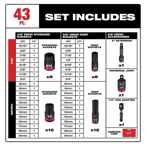 Milwaukee 49-66-7009 43PC Shockwave Impact Socket Set Metric/SAE 6 Pt 3/8"