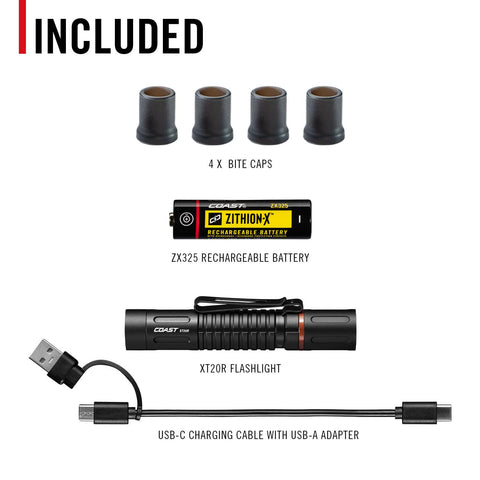 Coast XT20R 520 Lumen Rechargeable LED Pocket Flashlight, 4 Light Modes with 2-Way Clip and Bite Caps Included