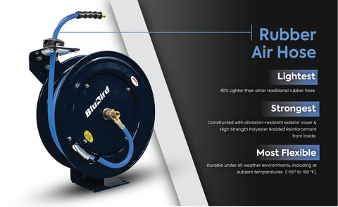 BLUBIRD BBR3825 20ga Retractable Air Hose Reel 3/8"x25', 300 PSI, Poly Braided
