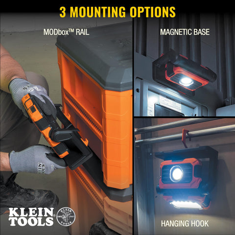 KLEIN TOOLS 56417 Rechargeable LED Work Light, 3000-Lumens, Portable Magnetic Work Light with 6 Modes, 360-Degree Rotation, Compatible with MODbox Rail System
