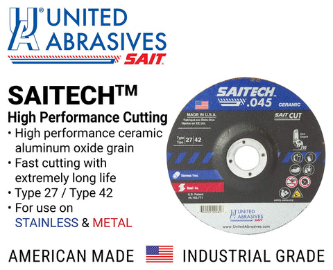 United Abrasives-SAIT 22072 Saitech High Performance Cut-Off Wheels (Type 27/Type 42 Depressed Center) 4 1/2" x .045" x 7/8", 4.5 Inch (Pack of 50)