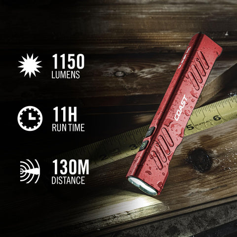 Coast Slayer 1150 Lumen USB-C Rechargeable LED Flashlight with Spot/Flood, Memory Mode and Pocket Clip, RED