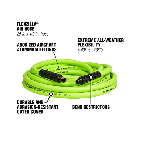 Flexzilla HFZ1225Y Air Hose, 1/2 in. x 25 ft., 3/8 in. MNPT Fittings, Heavy Duty