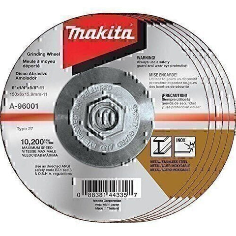 Makita A-96001-5 6" x 1/4" x 5/8-11" Hubbed INOX Grinding Wheel, 36 Grit, 5/pk