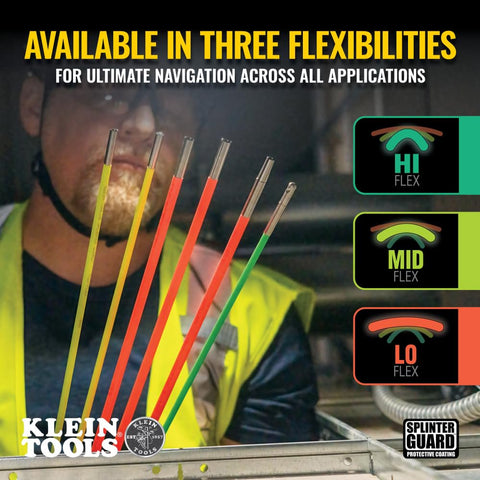 Klein Tools 50354 35-Foot Multi-Flex Glow Fish Rod Set, (4) Fiberglass Rods, Adapter, Bullet Nose, Hook Attachments, Splinter Guard Coating