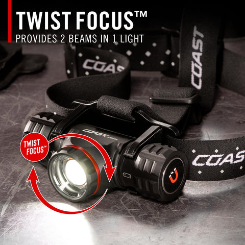 Coast XPH34R 2075 Lumen USB-C Rechargeable LED Headlamp Twist Focus PURE Beam