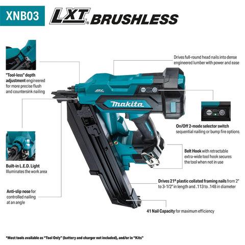 Makita XNB03M1 18V LXT Brushless Cordless 21° 3-1/2" Framing Nailer Kit 4.0Ah
