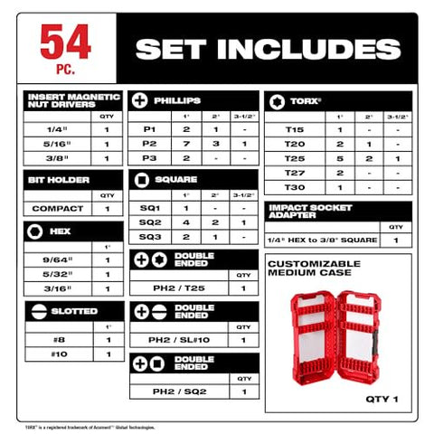 Milwaukee 48-32-4010 Shockwaze 54 Pc. Piece Driver Bit Set 1/4" Hex Shank Size
