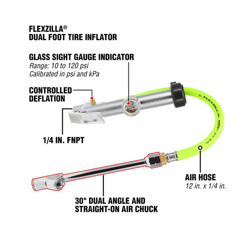 Tire Inflator Flexzilla AL2051FZ Dual Foot,12" Hose Glass Sight Gauge 10-120 psi