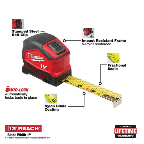 Milwaukee Tool 48-22-6816 16' Compact Auto Lock Tape New Heavy Duty