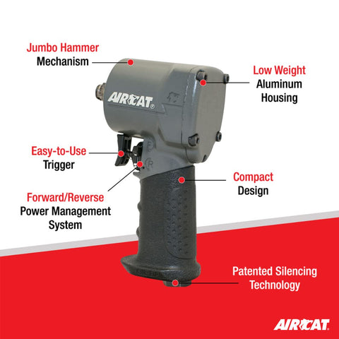 AIRCAT 1057-TH 1/2" Stubby Impact Wrench, 500 ft-lb Max Torque