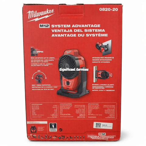 Milwaukee 0820-20 M12 12V Cordless Mounting Fan 400 CFM 14 MPH Tool Only