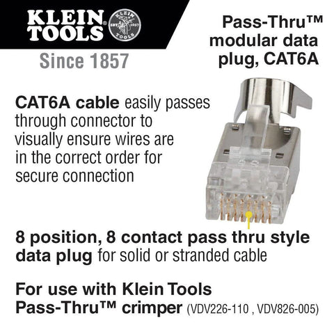 Klein Tools VDV826-754 Modular Data Plug for CAT6A Shielded Cable and Larger Diameter CAT6 Indoor or Outdoor Ethernet Cable, 100-Pack