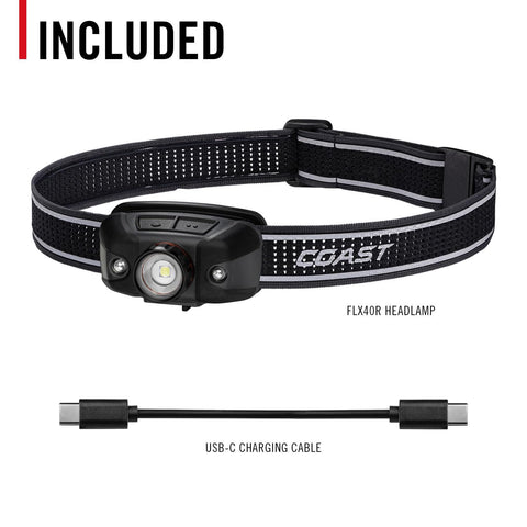 Coast FLX40R LED Headlamp 800 Lumen Built-in Recharge Twist Focus Ultra Strap