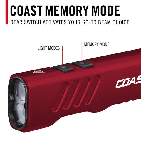 Coast Slayer 1150 Lumen USB-C Rechargeable LED Flashlight with Spot/Flood, Memory Mode and Pocket Clip, RED