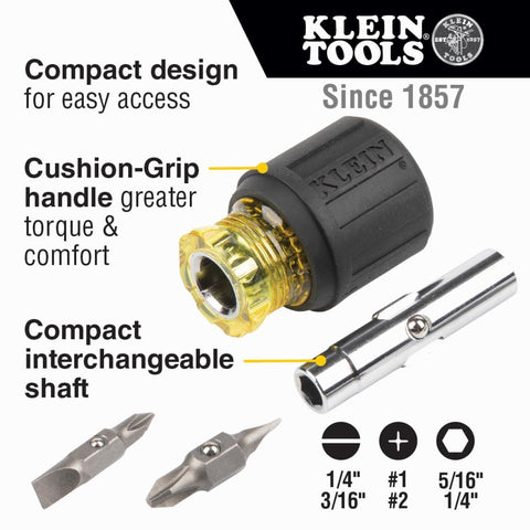 Klein Tools 32561 Multi-Bit Screwdriver/Nut Driver, 6-in-1 Stubby Screwdriver with 2 Phillips, 2 Slotted, 2 Nut Drivers