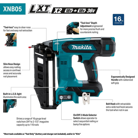 Makita XNB05Z 18V LXT Brushless Cordless 2-1/2 in 16 Ga Straight Finish Nailer