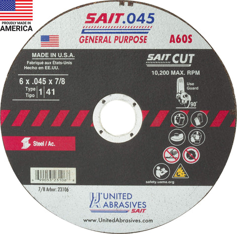 United Abrasives 23106 Type 41/1 6-Inch x .045 Inch x 7/8-Inch Grade A60S Cut Off Wheels 50Pk