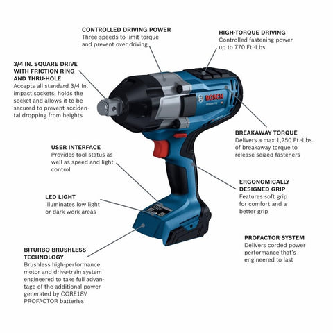 Bosch PROFACTOR GDS18V-770N 18V Cordless 3/4 In. Impact Wrench with Friction Ring and Thru-Hole, Battery Not Included , Blue