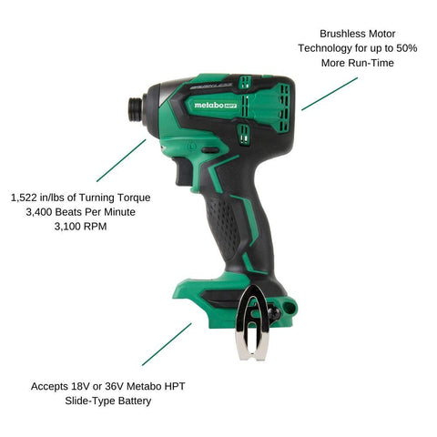 New Metabo HPT Brushless Cordless Li-Ion 18v 1/4" Impact Driver WH18DBFL2