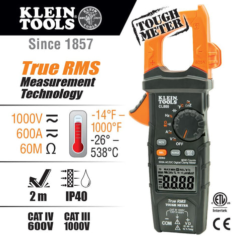 Klein Tools CL800 Digital Clamp Meter TRMS AC/DC LoZ NCVT Temp 1000V 6000 Ct