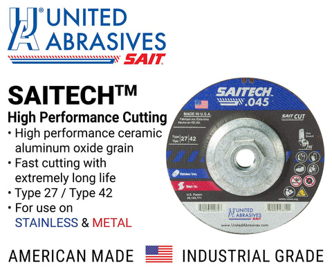 United Abrasives-SAIT 23306 Saitech™ High Performance Cut-Off Wheels (Type 27/Type 42 Depressed Center) 5" x .045" x 5/8-11"