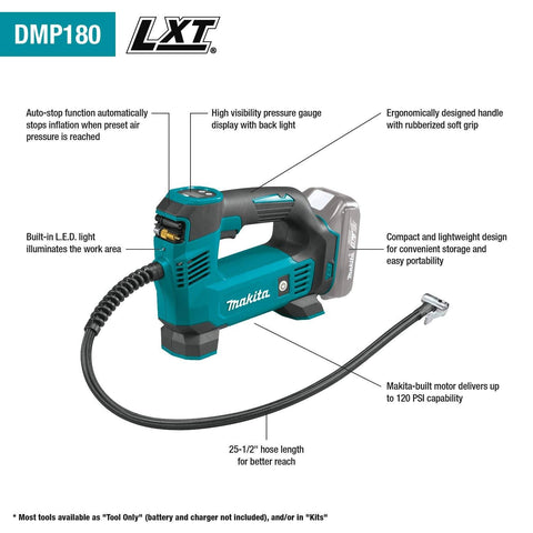 Makita DMP180ZX 18V LXT� Lithium-Ion Cordless Inflator, Battery Powered, Tool Only(battery and charger not included);Presta valve adapter;Sports ball needle;Tapered adapter, Teal