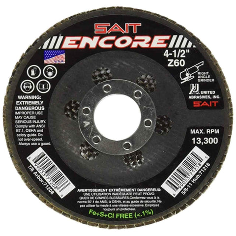 SAIT 71208 4-1/2x7/8 Encore Type 27 No Hub Zirconium Flap Discs 60 Grit 10PK