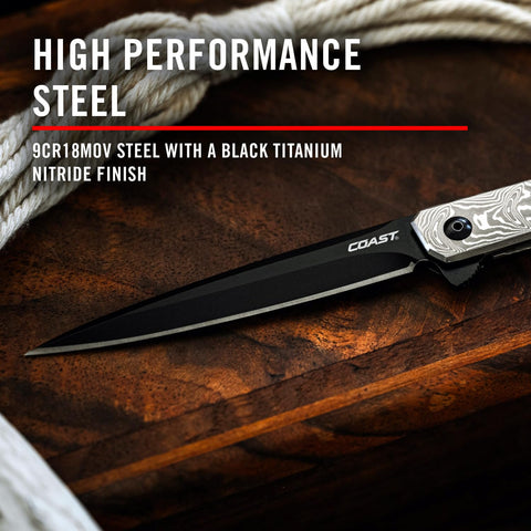 Coast LX533 Origin Gentleman's EDC Folding Pocket Knife Damascus Handle Black Nitride Blade