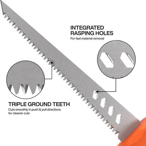 Klein Tools 31711 Fixed Blade Rasping Jab Saw with Sheath, Triple Ground Teeth Cuts Drywall, Plywood, Plastic and Wallboard, Hardened Steel Blade