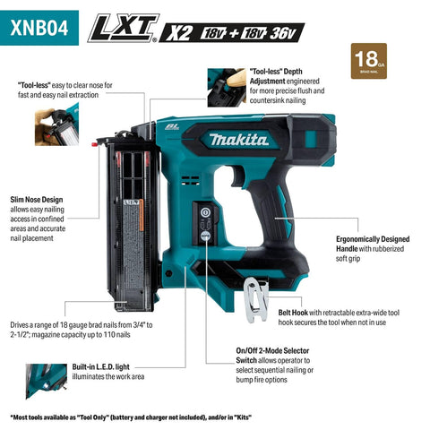 Makita XNB04Z 18V LXT Brushless Cordless 2 in Brad Nailer 18 Gauge Tool Only