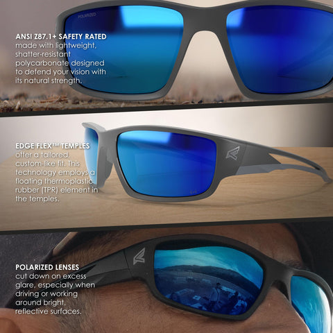 EDGE Khor G2 Z87 Safety Glasses, Polarized Lenses, 99.9% UV Protection, Shatter Resistant, Vapor Shield Elite Anti-fog (Polarized Aqua Precision Blue Mirror)