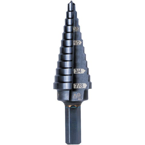 Klein Tools KTSB14 Step Drill Bit #14 Double-Fluted 3/16 to 7/8 3/8 Hex Shank