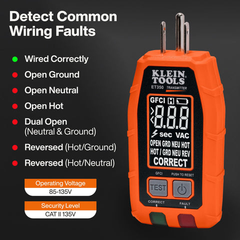 Klein Tools ET350 4-in-1 Digital Circuit Breaker Finder, Outlet Fault Detector, Non-Contact Voltage Tester, GFCI Tester, Learn and Locate Mode, Backlit LCD, LED Work Light