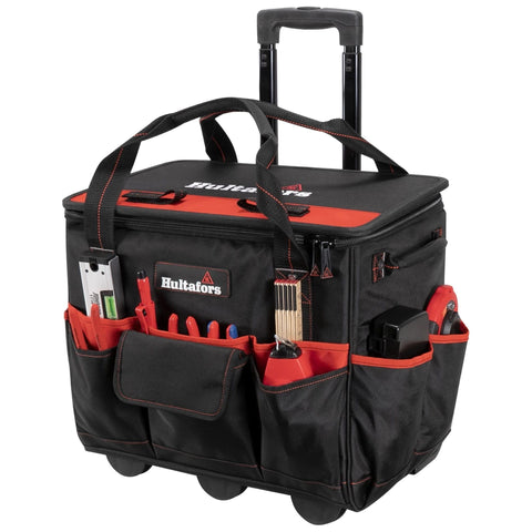 Hultafors Work Gear HT5572 Roller Tool Bag, 16 Pockets, Heavy Duty Ballistic Polyester Tool Carrier, Heavy Duty Threaded Wheels, Double Zipper Top, Telescoping Handle