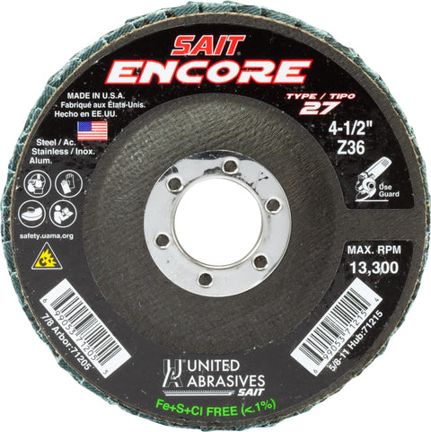 United Abrasives SAIT 71205 4-1/2x7/8 Encore Type 27 No Hub Zirconium Flap...