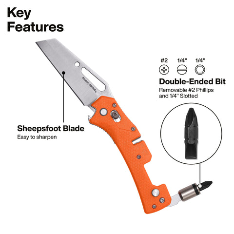 Klein Tools 44056D Electrician's Pocket Knife with Driver, Sheepsfoot Blade, Wire-Stripping Notch, Removable 1/4-Inch Slotted and #2 Phillips Bit, 90 and 180-Degree Driver Locking Positions