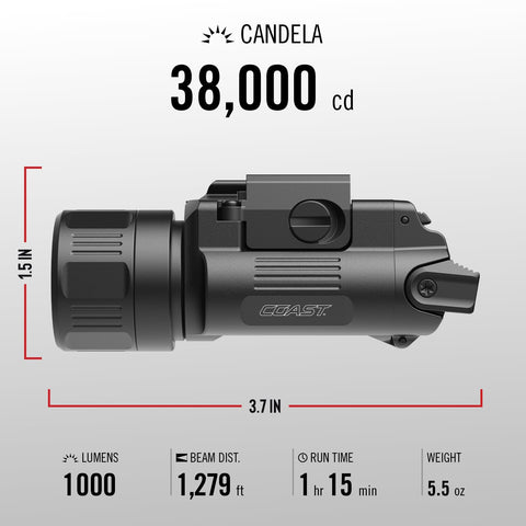 Coast PTX65R Tactical Light 1000 Lumen USB-C Recharge Two Beam Spot Flood IP54