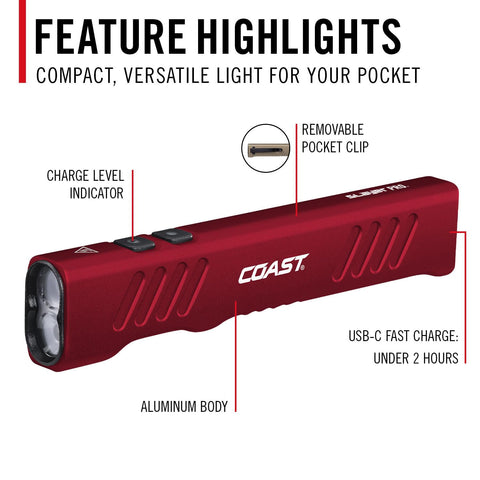 Coast Slayer 1150 Lumen USB-C Rechargeable LED Flashlight with Spot/Flood, Memory Mode and Pocket Clip, RED