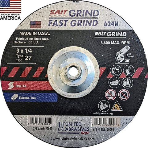 United Abrasives SAIT 20095 A24N 9" 1/4" 5/8"-11 T27 Metal Grinding Wheel 10 pk