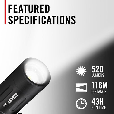 Coast XT20R 520 Lumen Rechargeable LED Pocket Flashlight, 4 Light Modes with 2-Way Clip and Bite Caps Included
