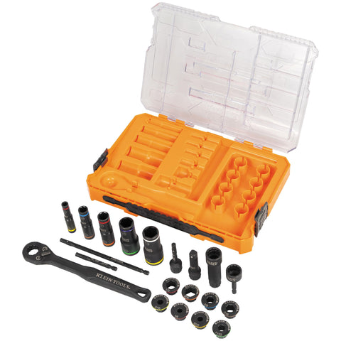 Klein Tools 65240 KNECT Impact Deep-Well Flip Socket and Low-Profile Pass Through Socket Set, SAE, 20-Piece, MODbox Case, 1/4-Inch and 3/8-Inch Drive