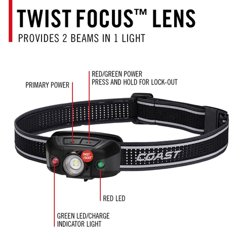 Coast FLX40R LED Headlamp 800 Lumen Built-in Recharge Twist Focus Ultra Strap