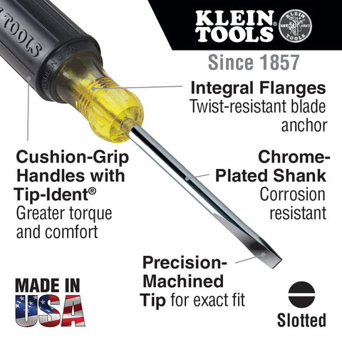Klein Tools 605-10 1/4-Inch Cabinet Tip Screwdriver, 10-Inch Shank, Made in USA