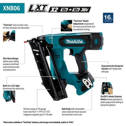 Makita XNB06Z 18V LXT Brushless Cordless 2-1/2 in 16 Ga Angled Finish Nailer